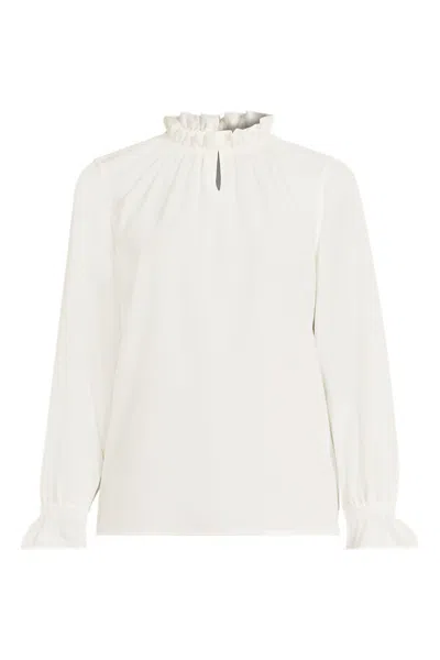 Lands' End School Uniform Women's Petite Crepe Long Sleeve Convertible Ruffle Collar Blouse In Neutral