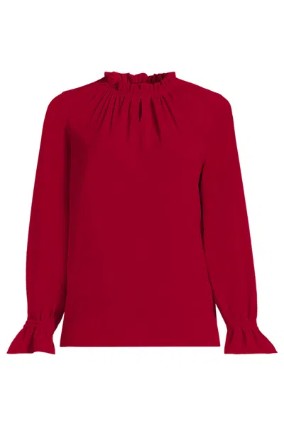Lands' End School Uniform Women's Petite Crepe Long Sleeve Convertible Ruffle Collar Blouse In Red