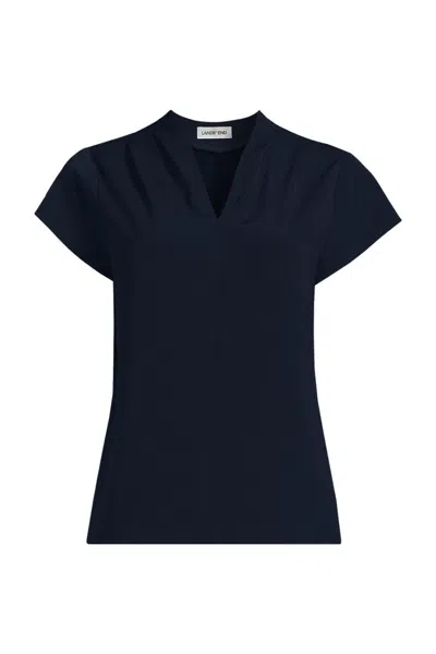 Lands' End School Uniform Women's Petite Crepe Short Sleeve Vneck Blouse In Blue
