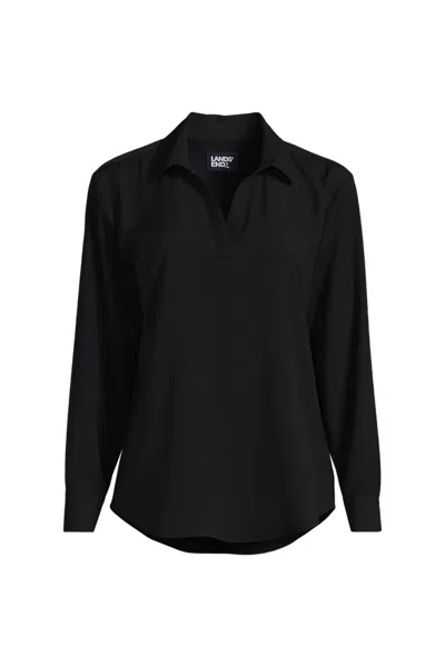 Lands' End School Uniform Women's Petite Long Sleeve Polo Collar Popover Crepe Blouse In Black