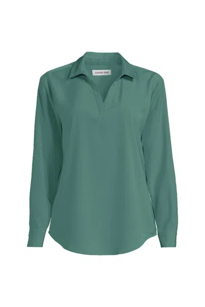 Lands' End School Uniform Women's Petite Long Sleeve Polo Collar Popover Crepe Blouse In Green