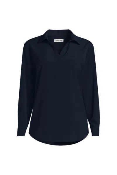 Lands' End School Uniform Women's Petite Long Sleeve Polo Collar Popover Crepe Blouse In Blue