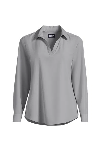 Lands' End School Uniform Women's Petite Long Sleeve Polo Collar Popover Crepe Blouse In Gray