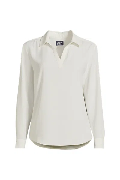 Lands' End School Uniform Women's Petite Long Sleeve Polo Collar Popover Crepe Blouse In White