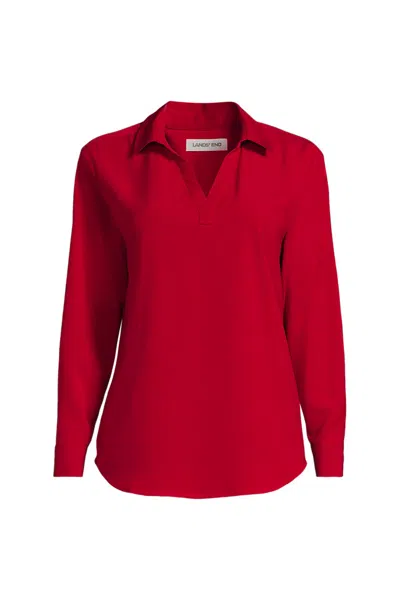 Lands' End School Uniform Women's Petite Long Sleeve Polo Collar Popover Crepe Blouse In Red
