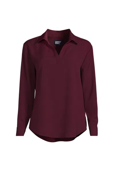 Lands' End School Uniform Women's Petite Long Sleeve Polo Collar Popover Crepe Blouse In Burgundy