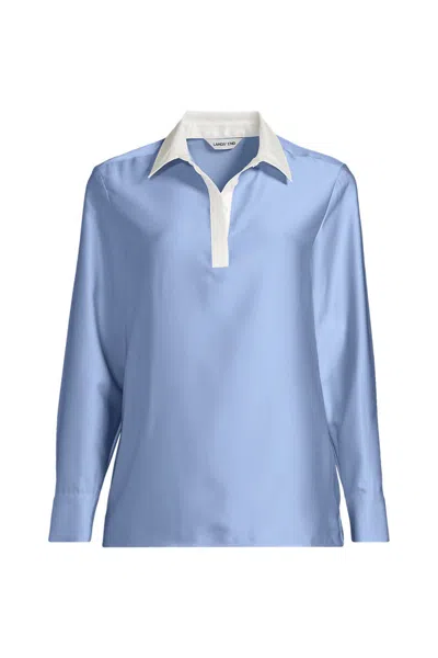 Lands' End School Uniform Women's Plus Charmeuse Long Sleeve Contrast Collar Blouse In Blue