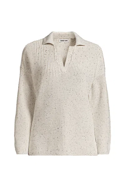 Lands' End School Uniform Women's Plus Cotton Modal Mid Gauge Long Sleeve Polo Collar Ribbed Sweater In Neutral