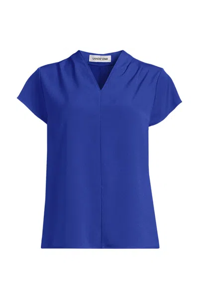 Lands' End School Uniform Women's Plus Crepe Short Sleeve Vneck Blouse In Blue