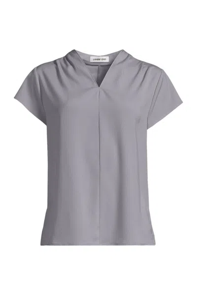Lands' End School Uniform Women's Plus Crepe Short Sleeve Vneck Blouse In Gray