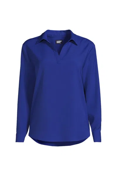 Lands' End School Uniform Women's Plus Long Sleeve Polo Collar Popover Crepe Blouse In Blue