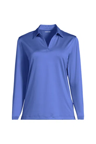 Lands' End School Uniform Women's Plus Rapid Dry Long Sleeve Sport Collar Polo In Blue