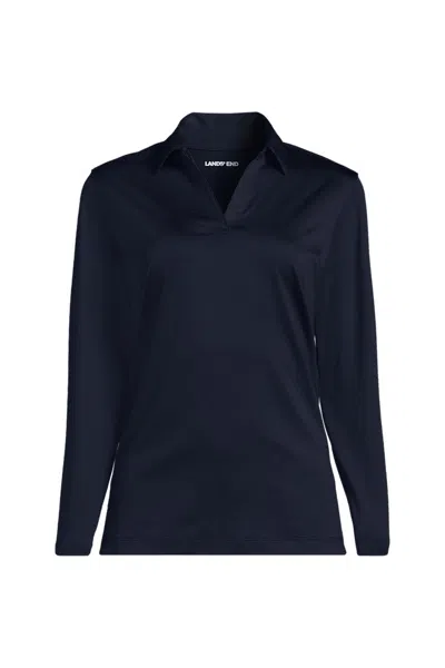 Lands' End School Uniform Women's Plus Rapid Dry Long Sleeve Sport Collar Polo In Black