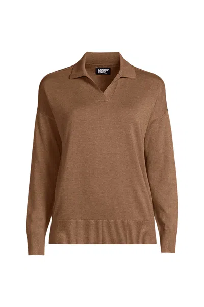 Lands' End School Uniform Women's Plus Size Cotton Modal Long Sleeve Polo Collar Sweater In Brown