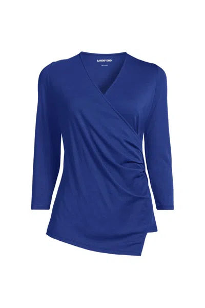 Lands' End School Uniform Women's Plus Supima Micro Modal Three Quarter Vneck Surplice Tunic Top In Blue