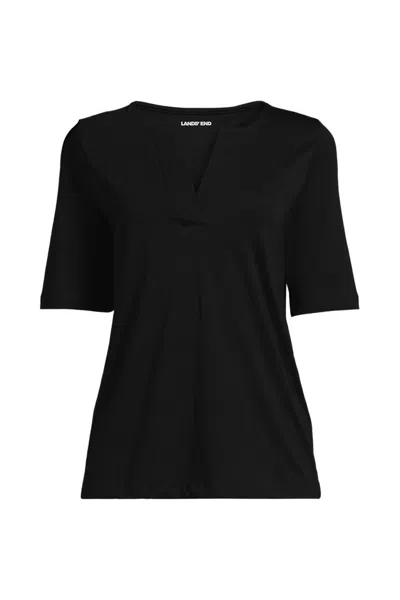 Lands' End School Uniform Women's Supima Jersey Half Sleeve Splitneck Shirt In Black