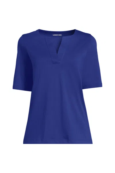 Lands' End School Uniform Women's Supima Jersey Half Sleeve Splitneck Shirt In Blue