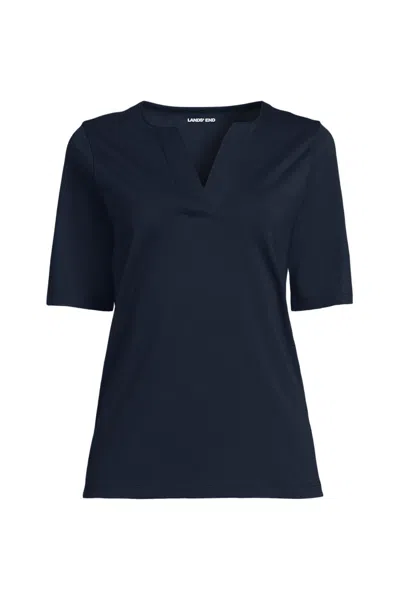 Lands' End School Uniform Women's Supima Jersey Half Sleeve Splitneck Shirt In Blue