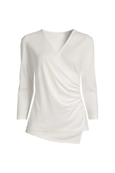 Lands' End School Uniform Women's Supima Micro Modal Three Quarter Vneck Surplice Tunic Top In Ivory