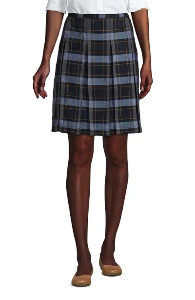 Lands' End School Uniform Young  Plaid Box Pleat Skirt Top Of The Knee In Classic Navy Plaid