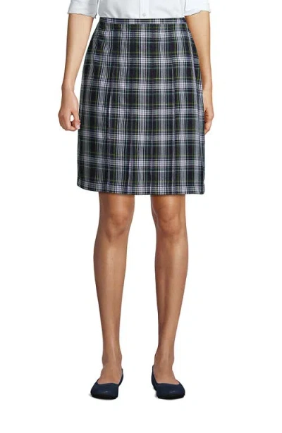 Lands' End School Uniform Young  Plaid Box Pleat Skirt Top Of The Knee In White/evergreen Plaid