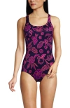 Lands' End Long Chlorine Resistant Scoop Neck Soft Cup Tugless Sporty One Piece Swimsuit In Blackberry Ornate Floral