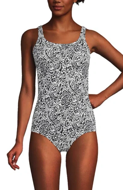 Lands' End Tugless One Piece Swimsuit In Black/white Decor Paisley