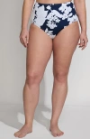 Lands' End Sculpting Suit Chlorine Resistant Targeted Control Retro High Waisted Bikini Swim Bottoms In Deep Sea Navy/white Lilies