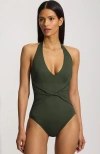 Lands' End Sculpting Suit Plunge Halter High Leg One Piece Swimsuit In Green
