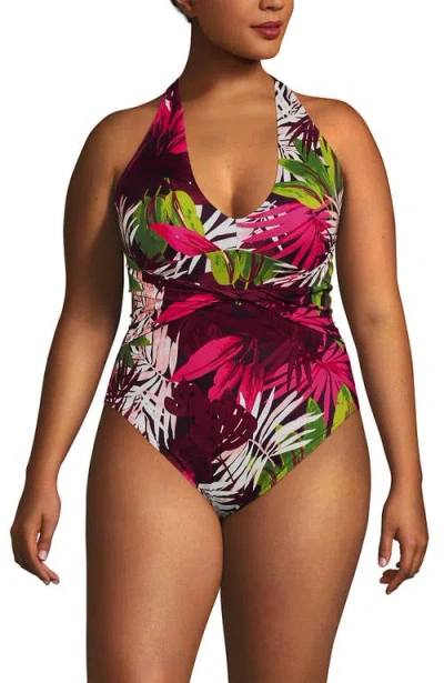 Lands' End Sculpting Suit Plunge Halter High Leg One Piece Swimsuit In Multi