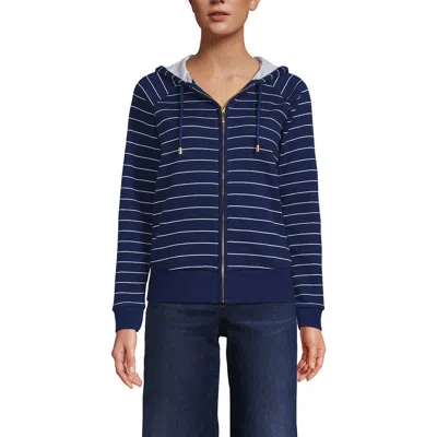 Lands' End Serious Sweats Relaxed Long Sleeve Full Zip Hoodie Sweatshirt In Deep Sea Navy/white Stripes