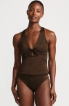 Lands' End Shine Ribbed Tankini Top And High Waisted Bottom Swimsuit Set