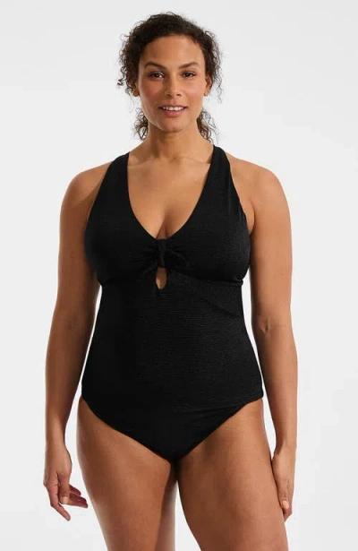 Lands' End Shine Ribbed Tankini Top And High Waisted Bottom Swimsuit Set In Black