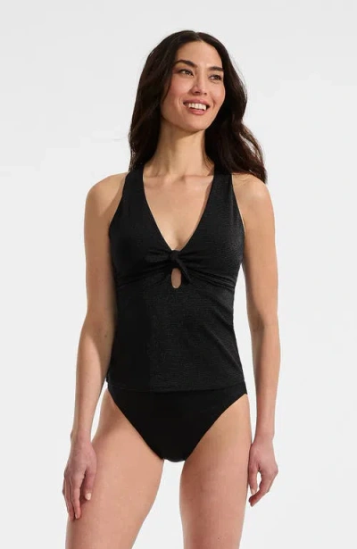 Lands' End Shine Ribbed Tankini Top And High Waisted Bottom Swimsuit Set In Black