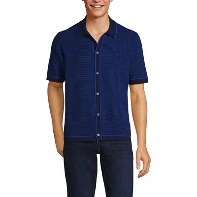 Lands' End Short Sleeve Button Down Sweater Polo In Deep Sea/nautical Blue