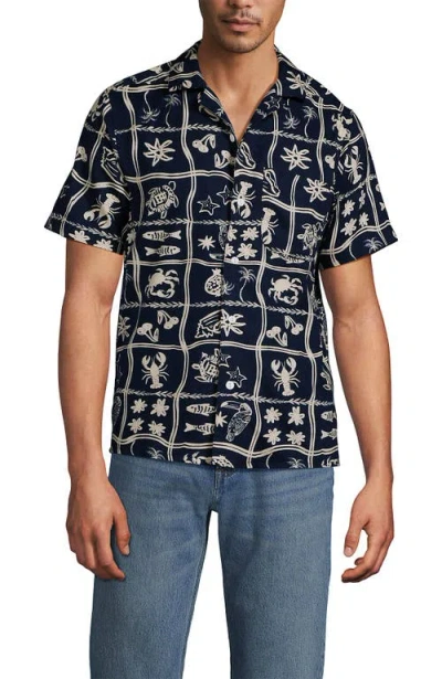 Lands' End Short Sleeve Camp Collar Hawaiian Shirt In Black