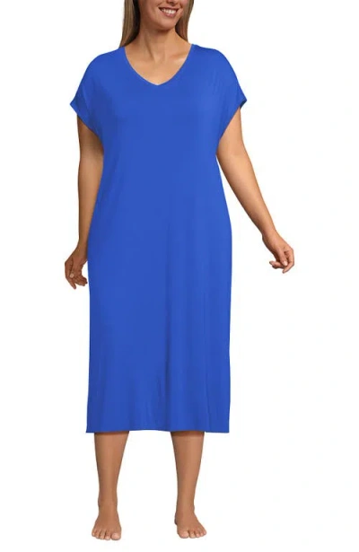 Lands' End Plus Size Cooling Cap Sleeve Midi Nightgown In Blue