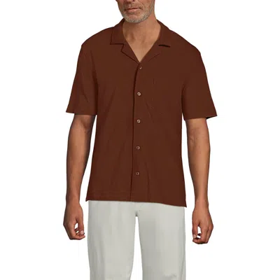 Lands' End Short Sleeve Cotton Linen Button Through Camp Collar Shirt In Brown
