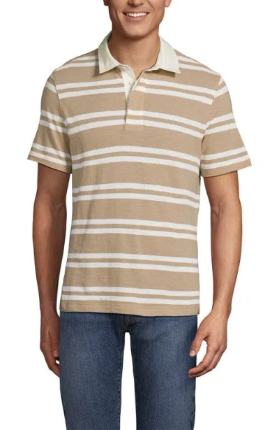 Lands' End Short Sleeve Cotton Linen Rugby Polo In Brown