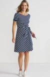 Lands' End Short Sleeve Cotton Modal Wrap Mini Dress In Deep Sea Navy Quad Stripe