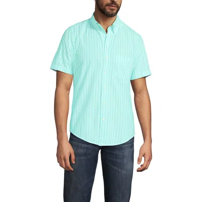 Lands' End Short Sleeve Essential Lightweight Poplin In Pale Aqua Ice/green Stripe
