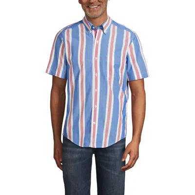 Lands' End Short Sleeve Essential Lightweight Poplin In Soft Cobalt/poppy Stripe