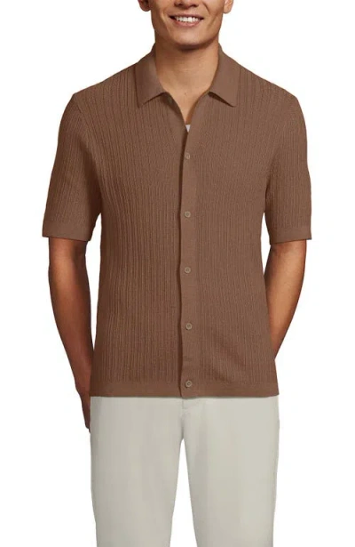 Lands' End Short Sleeve Lightweight Button Through Polo In Brown