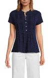 Lands' End Short Sleeve Lightweight Jersey Button Pintuck Top In Blue