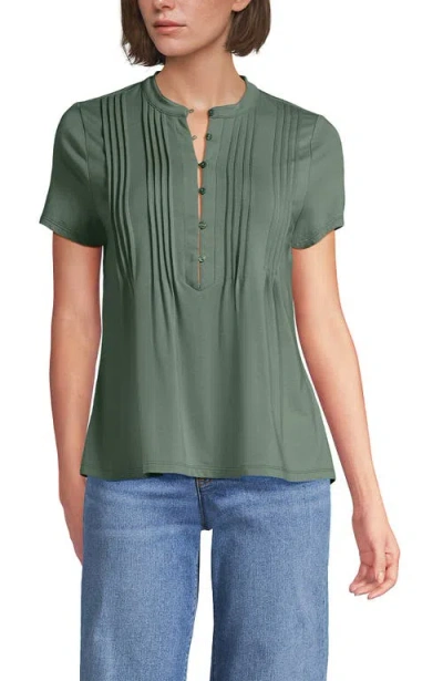 Lands' End Short Sleeve Lightweight Jersey Button Pintuck Top In Green