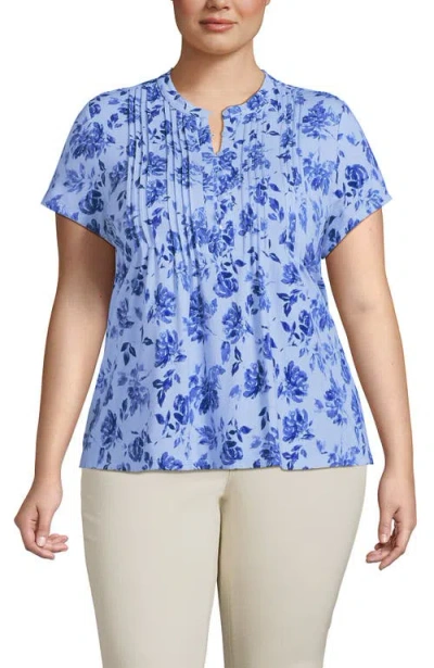 Lands' End Short Sleeve Lightweight Jersey Button Pintuck Top In Blue