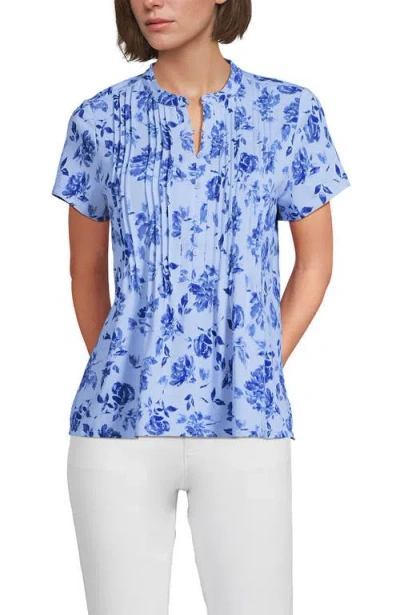 Lands' End Short Sleeve Lightweight Jersey Button Pintuck Top In Blue
