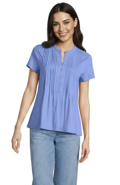 Lands' End Short Sleeve Lightweight Jersey Button Pintuck Top In Blue