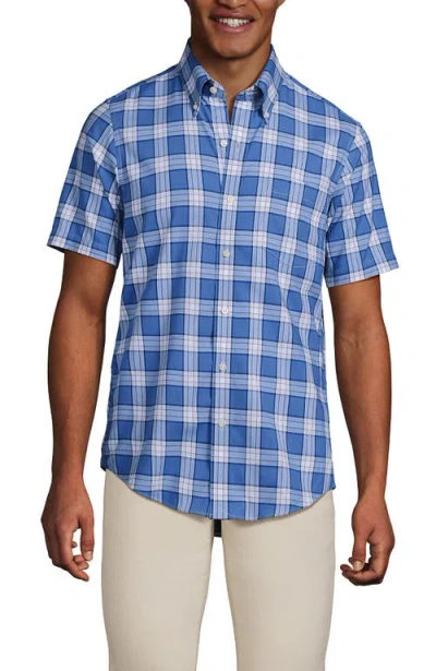 Lands' End Short Sleeve No Iron Twill Shirt In Mariner Blue Plaid