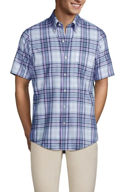Lands' End Short Sleeve No Iron Twill Shirt In Pale Slate Blue/lilac Plaid